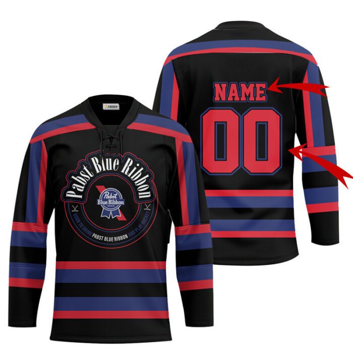 Personalized Black Born To Drink Pabst Blue Ribbon and Play Lace Hockey Jersey