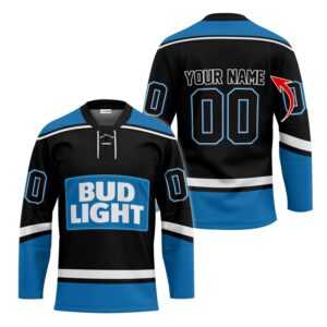 Personalized Bud Light Black And Blue Lace Hockey Jersey