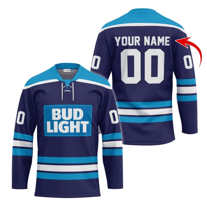 Personalized Bud Light Blue Lace Hockey Jersey