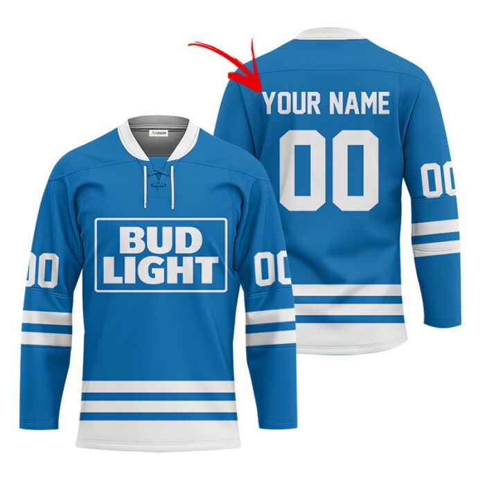 Personalized Bud Light Blue Retro Lace Hockey Jersey