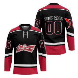 Personalized Budweiser Black And Red Lace Hockey Jersey