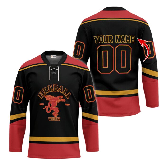 Personalized Fireball Whiskey Black And Red Lace Hockey Jersey