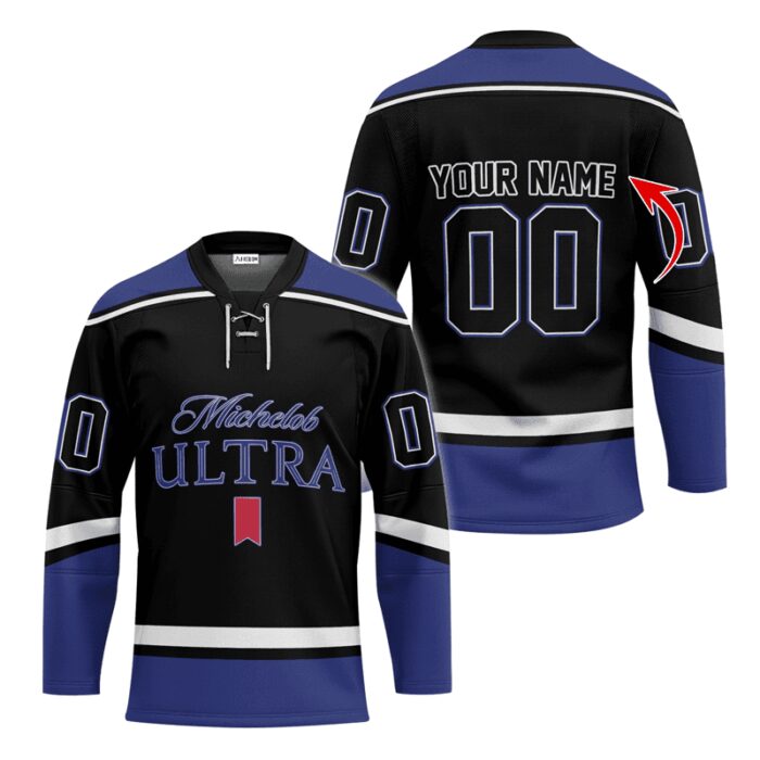 Personalized Michelob ULTRA Black And Blue Lace Hockey Jersey