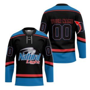 Personalized Natural Light Black And Blue Lace Hockey Jersey