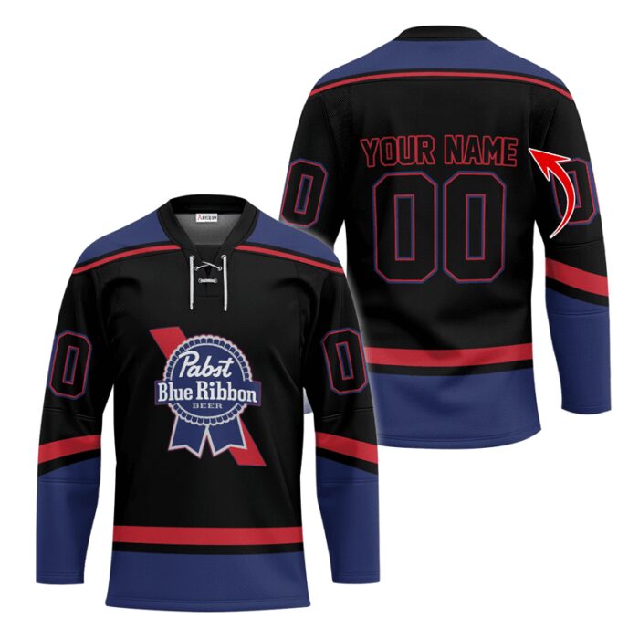 Personalized Pabst Blue Ribbon Black And Blue Lace Hockey Jersey