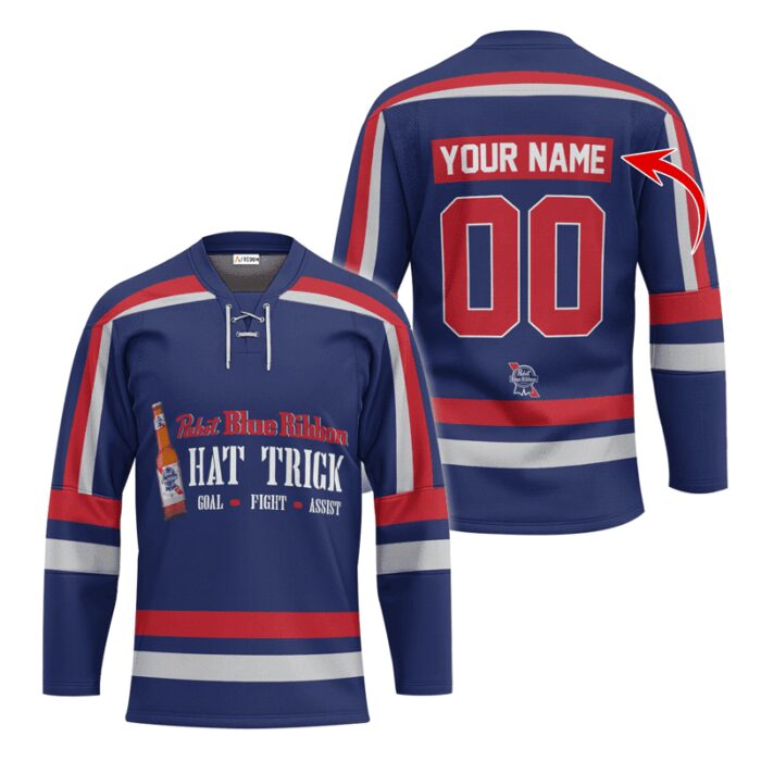 Personalized Pabst Blue Ribbon Hat Trick Lace Hockey Jersey