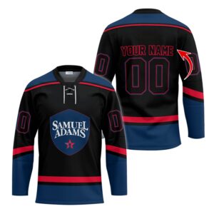 Personalized Samuel Adams Black And Blue Lace Hockey Jersey