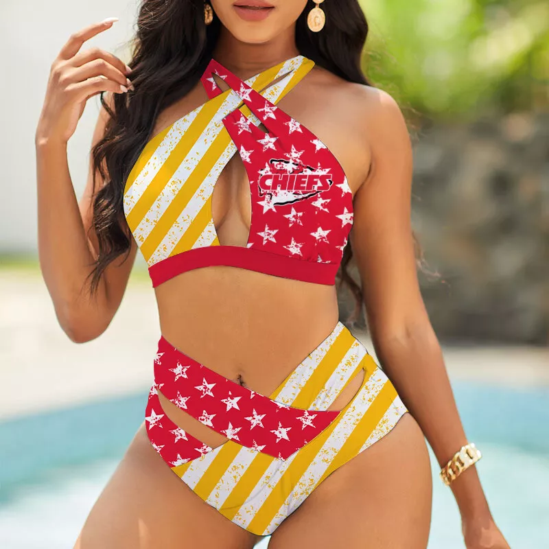 Kansas City Chiefs Women's 2PCS Bikini Swimsuit Crisss Cross Cutout Bathing Suit ACC1273