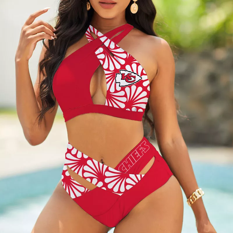Kansas City Chiefs Women's 2PCS Bikini Swimsuit Crisss Cross Cutout Bathing Suit ACC1275