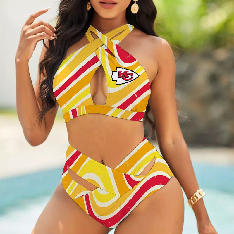 Kansas City Chiefs Women's 2PCS Bikini Swimsuit Crisss Cross Cutout Bathing Suit ACC1276