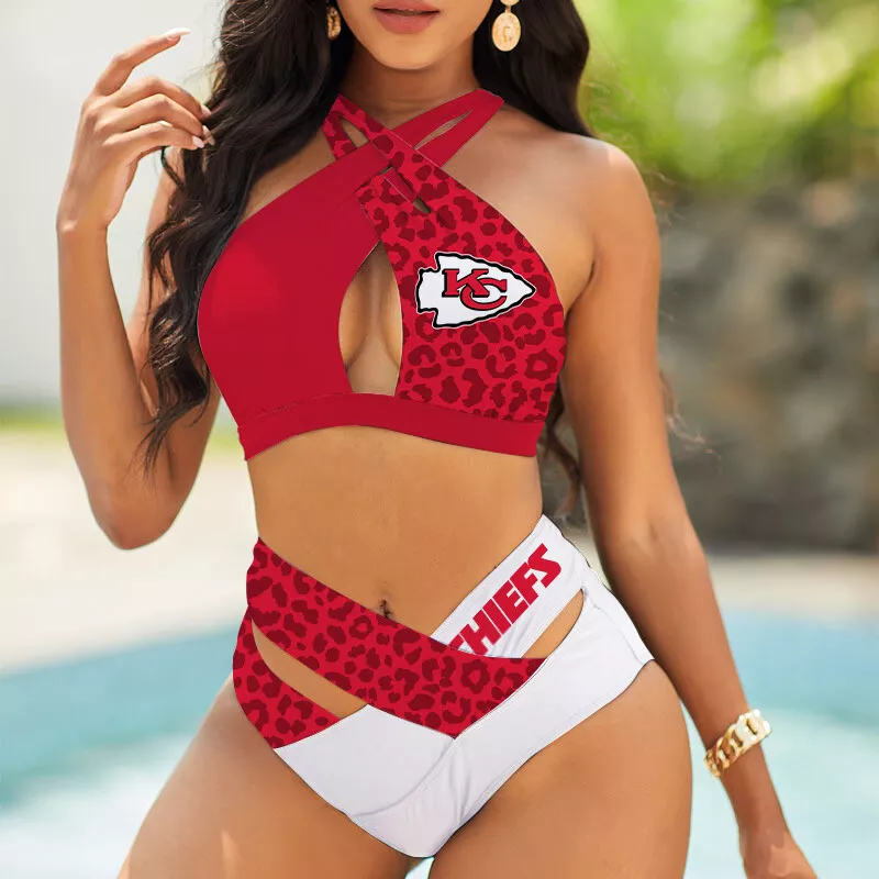 Kansas City Chiefs Women's 2PCS Bikini Swimsuit Crisss Cross Cutout Bathing Suit ACC1279