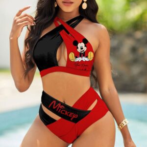 Custom Mickey Women's 2PCS Bikini Swimsuit Crisss Cross Cutout Bathing Suit EBN1057