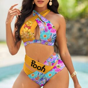 Winnie-the-Pooh Flower Women's 2PCS Bikini Swimsuit Crisss Cross Cutout Bathing Suit EBN1041