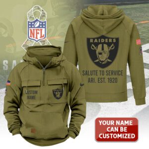 Personalized Las Vegas Raiders 2025 Salute to Service Military Green Vintage Quarter Zip Hoodie