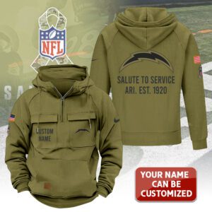Personalized Los Angeles Chargers 2025 Salute to Service Military Green Vintage Quarter Zip Hoodie