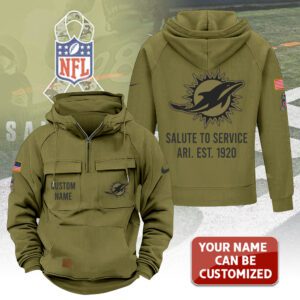 Alternative view of Personalized Miami Dolphins 2025 Salute to Service Military Green Vintage Quarter Zip Hoodie