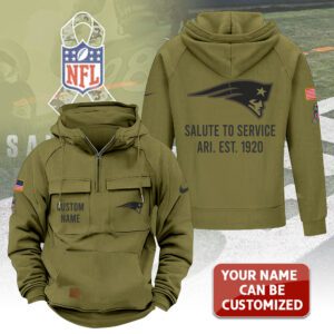 Alternative view of Personalized New England Patriots 2025 Salute to Service Military Green Vintage Quarter Zip Hoodie