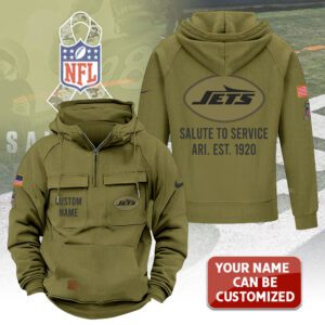 Alternative view of Personalized New York Jets 2025 Salute to Service Military Green Vintage Quarter Zip Hoodie