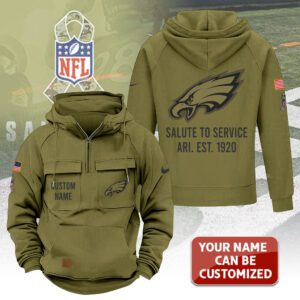 Alternative view of Personalized Philadelphia Eagles 2025 Salute to Service Military Green Vintage Quarter Zip Hoodie