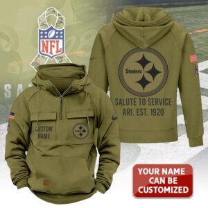 Alternative view of Personalized Pittsburgh Steelers 2025 Salute to Service Military Green Vintage Quarter Zip Hoodie