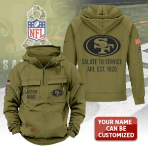 Personalized San Francisco 49ers 2025 Salute to Service Military Green Vintage Quarter Zip Hoodie