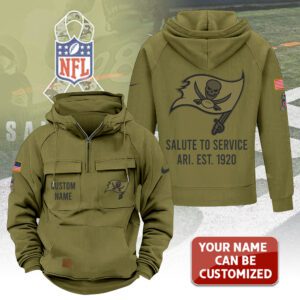Personalized Tampa Bay Buccaneers 2025 Salute to Service Military Green Vintage Quarter Zip Hoodie