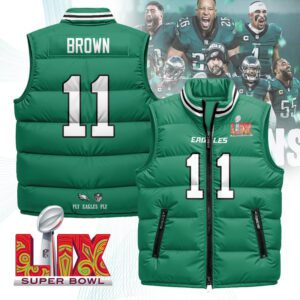 Philadelphia Eagles Unisex Puffer Vest Sleeveless Down Jacket- Kelly Green / A. J. Brown - 11