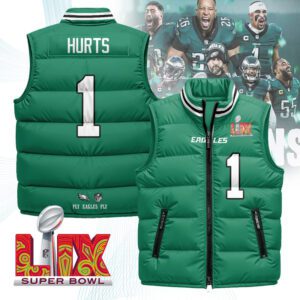 Philadelphia Eagles Unisex Puffer Vest Sleeveless Down Jacket- Kelly Green / Jalen Hurts - 1