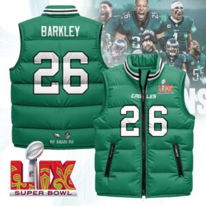 Philadelphia Eagles Unisex Puffer Vest Sleeveless Down Jacket- Kelly Green / Saquon Barkley - 26