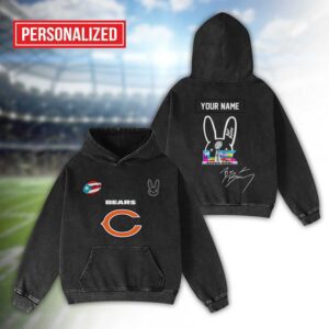 Alternative view of Chicago Bears Bad Bunny Super Bowl LX 2026 2D Washed Hoodie