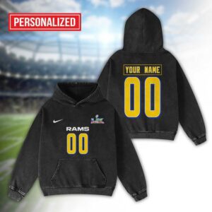 Alternative view of Los Angeles Rams Bad Bunny Super Bowl LX 2026 2D Washed Hoodie