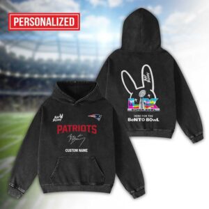 Alternative view of New England Patriots Bad Bunny Super Bowl LX 2026 2D Washed Hoodie
