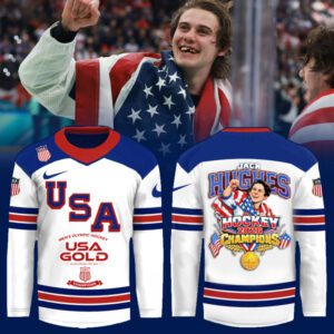 USA Men's Hockey 2026 Winter Olympics Gold Medal Jack Hughes Limited Edition Jersey CHAMP20275